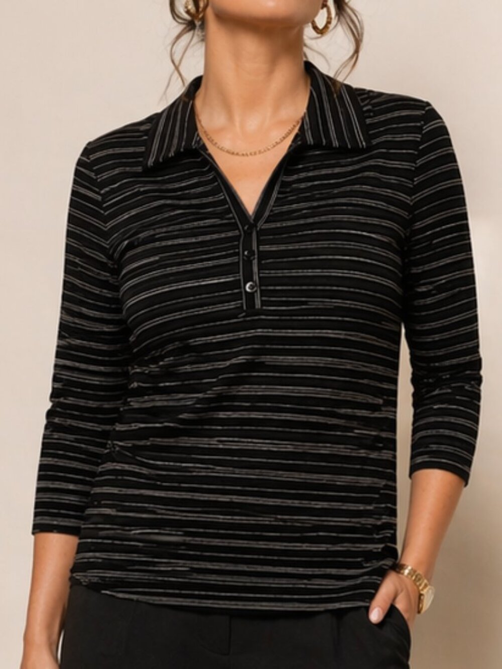 Lane Bryant Size 22/24 Striped Collared Top V-Neck Stretch 3/4 Sleeves